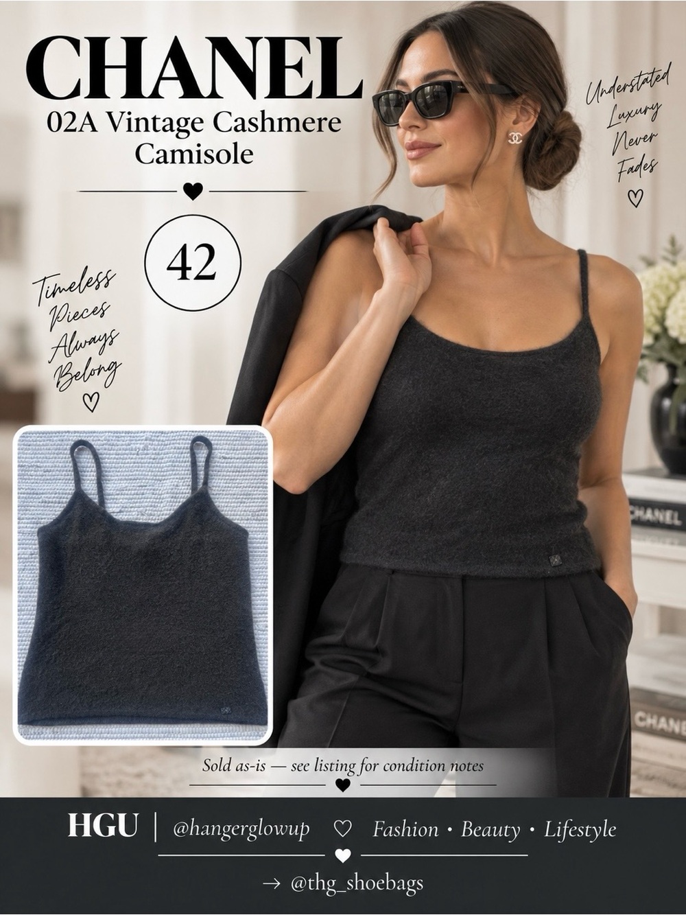Chanel 02A Vintage Cashmere Camisole Tank Size 10/12 CC Charm Made Italy